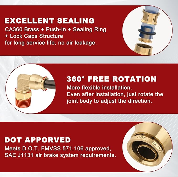 1/2" Quick Push to Connect Fittings Brass 90 Degree Union Swivel Elbow Joint DOT Approved 1/2" Tube OD x 1/2" NPT Thread Air Brake Line Adapter Air Suspension Kit for Car Truck Trailers 2pcs