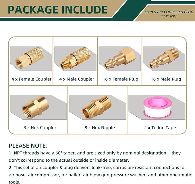 58 Pcs Air Hose Fittings, 1/4" NPT Air Coupler & Plug Kit, Industrial Interchange Quick Connects, Air Tool Fittings for Professional Jobsite, Auto Shop, DIY User