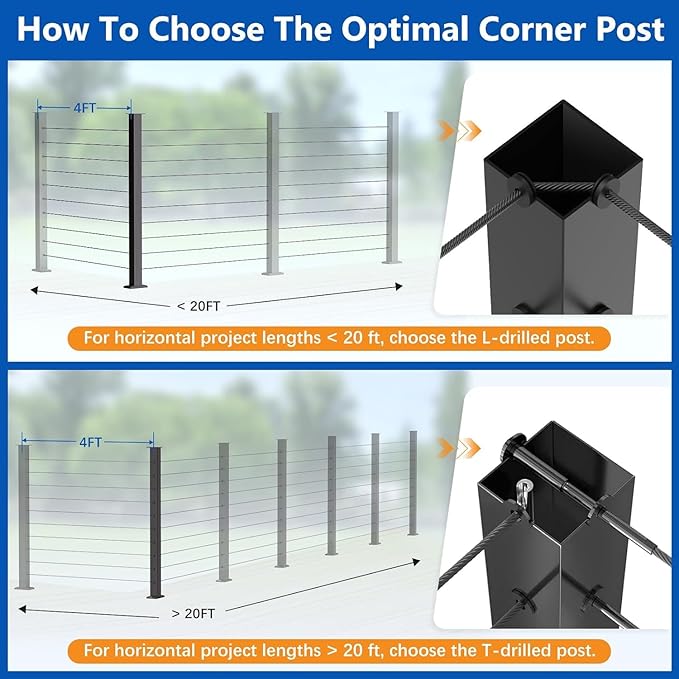 Upgraded Swageless T-drilled Corner Cable Railing Post 36" (Post 35"x2"x2"), Three Sides Fixed Top Mount Corner Post with Cable Grommets, T304 Stainless Steel, Outdoor Finish for Decks