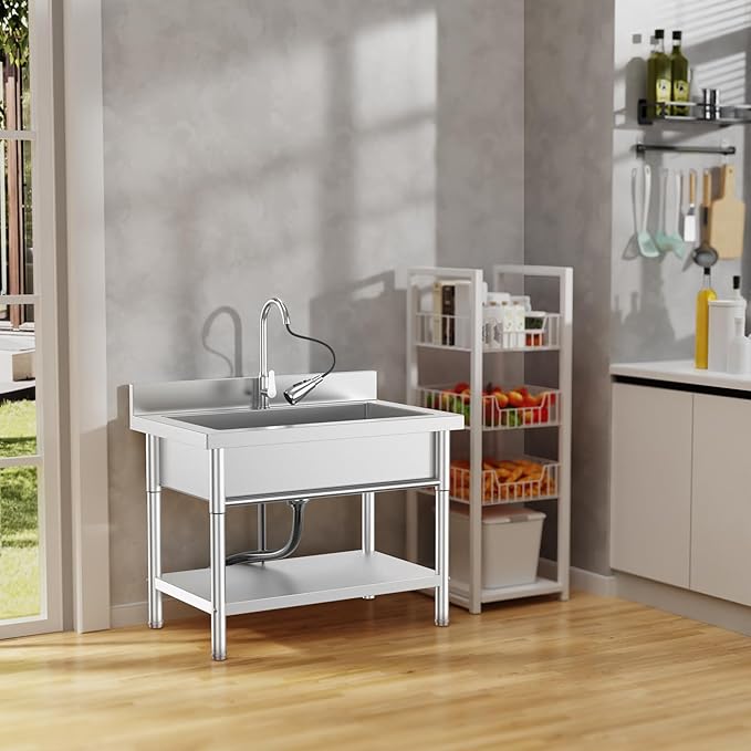 Stainless Steel Utility Sink Single Bowl Freestanding Laundry Sink with Pull-Out Faucet,for Pet Cleaning Laundry Room Farmhouse Indoor and Outdoor Sink