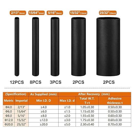 Chanzon UL Listed Extra Long 80mm Heat Shrink Tubing Assorted Kit 4:1 Ratio Marine Grade Waterproof Adhesive Lined 5 Sizes (4mm - 20mm diam) Black Sleeving Wrap Shrinking 4 to 1 Assortment 27 pcs