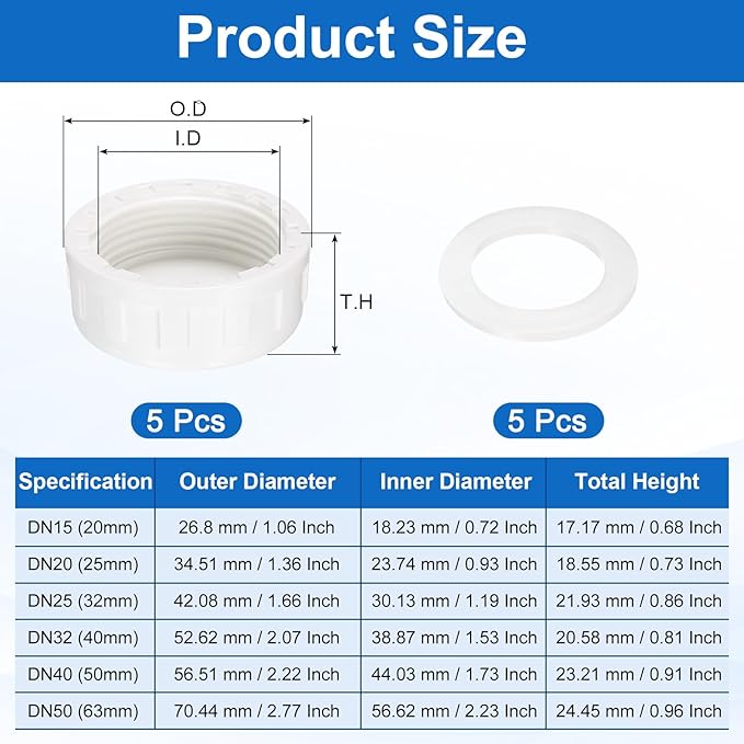 uxcell 5Pcs 1-1/4 Inch PT Female Thread PVC Pipe Fitting Cap, Cleanout Water Drain End Caps, Pipe Plug Socket Fittings with Gasket for Water Heater Supply Lines, Plumbing, White