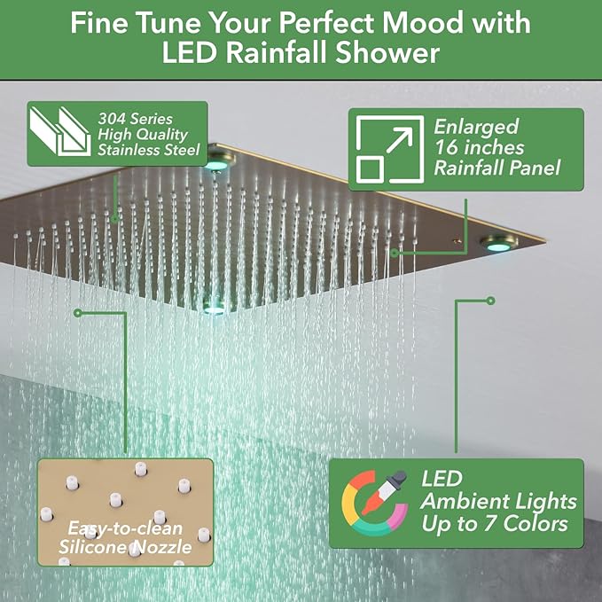 VANFOXLE Shower Faucet Set Brushed Gold Shower System,Shower Faucet with 2 in 1 Handheld,Ceiling Mount 16 Inch LED Shower Head+6 Inch Shower Head(Rough-in Valve Body and Trim)