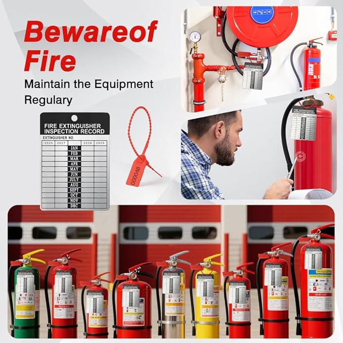 25 Sets 2026–2029 Fire Extinguisher Tags Aluminum Metal Inspection Record Tags 2.2 x 3 Inch with Hole Puncher & Numbered Security Zip Ties for Monthly Fire Extinguisher Inspection Indoor Outdoor