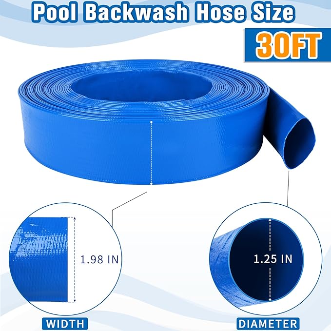 MYFAMIREA 1.25 IN x 30 FT Pool Backwash Hose Heavy Duty Drain Discharge Double PVC Layflat Hose with 2 Clamp, Weatherproof Burst Resistant for Water Transfer, Sump Pump, Pool Filter, Drain (9.2M,Blue)