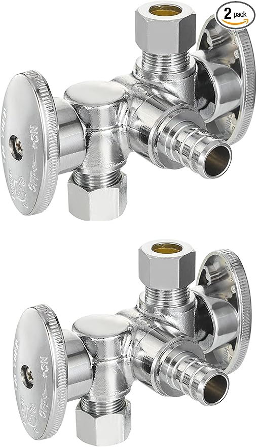 2-Pack EFIELD 1/4 Turn Dual Compression Outlet Angle Stop Valve with 2 Shut Off Valve/Handles, 1/2" Barb Crimp Pex Pipe Inlet X (3/8 inch x 3/8 inch),Chrome Plated…,(VALVE175-2PCS)