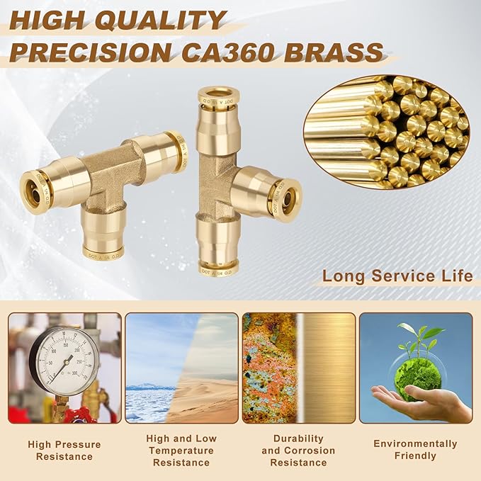 1/4" Quick Push to Connect Fittings Brass Union Tee Shaped Joint DOT Approved 1/4 Inch OD 3 Way Tube Air Line Adapter Air Spring Suspension Kit for Car Truck Trailers and Air Brake System 2pcs
