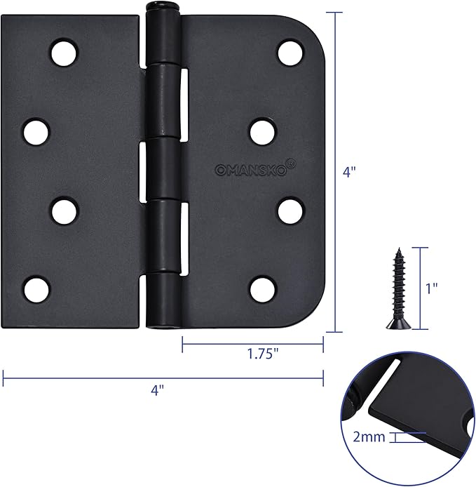 4 x 4 Inch Black Door Hinges, 18 Pack Matte Black Hinges for Interior Doors Heavy Duty Hinges with Square and 5/8" Radius Corner