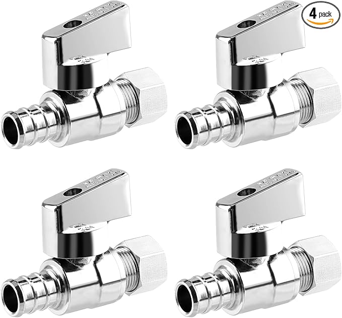 1/4 Turn Straight Stop Valve, 1/2" Crimp Pex F1807 X 3/8" OD Compression For Toilets And Faucets (Pack of 4)