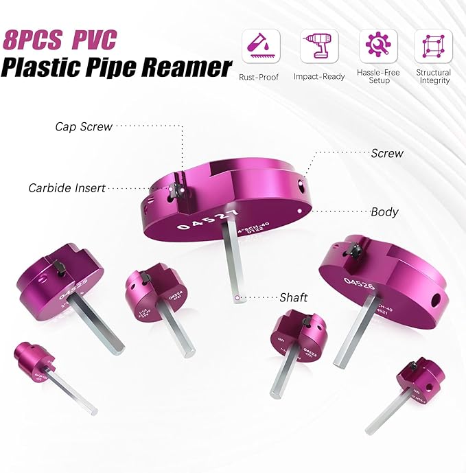 PVC Pipe Reamer Kit 8 PCS 3/4", 1/2", 1", 1-1/4", 1-1/2", 2", 3", 4" for SCH 40 CPVC & ABS Plastic Fittings – Fits 1/2" Drills with 3/8" Hex Shaft, Durable & Heavyduty for Exhaust, Drain & Water Pipe