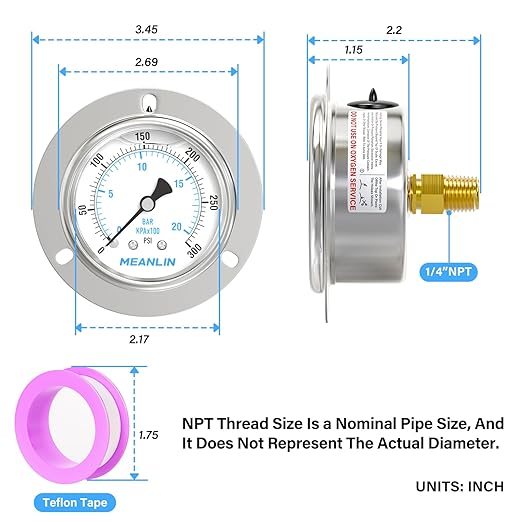 MEANLIN MEASURE 0~300Psi Liquid Filled Pressure Gauge Front Flange Panel Mount, 1/4" NPT 2.5" FACE DIAL Stainless Steel Case with Phillips Screw and Nut, +/-3-2-3%