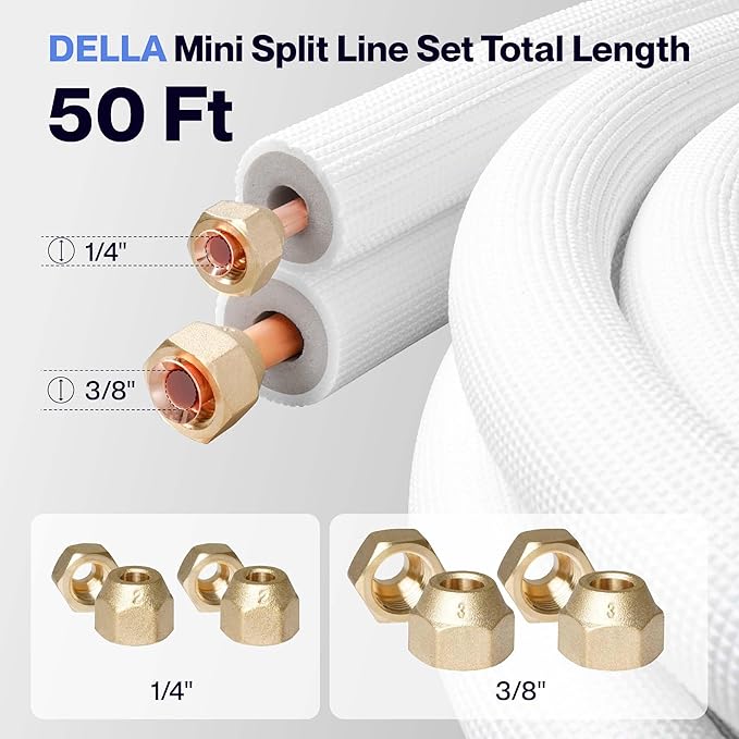DELLA 50 Ft Mini Split Line Set, Includes 3/8" & 1/4" O.D. Copper Pipes with Flared Nuts and a 3/8" Thick White PE Insulated Coil, Perfect for Mini Split AC and Other HVAC Systems