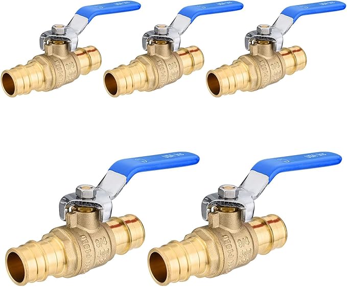 5-Pack Foskan 3/4" Brass PEX-A Ball Valve with Blue Handle, Quarter Turn Full Port Valve for PEX-A Pipe Connection