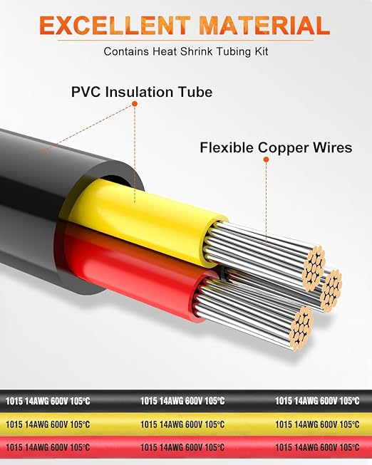 NAOEVO 14 Gauge Wire 3 Conductor Electrical Wire, 14 AWG Stranded PVC Cord, 12V Low Voltage/Tinned Copper/Flexible Cable for Automotive Wiring, Lamp Cord, Marine Cable (200FT)