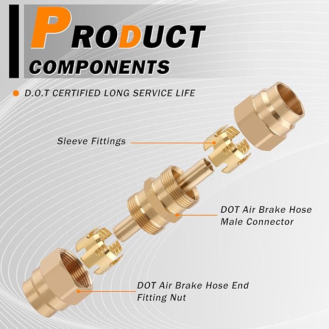 Brass DOT Air Brake End Fitting，2PCS 3/8” OD Union Tube with 4 PCS Brass Fitting Sleeve Tube, Air Brake Hose Fittings for Air Brake Systems-Industrial Use or Trucks Trailers