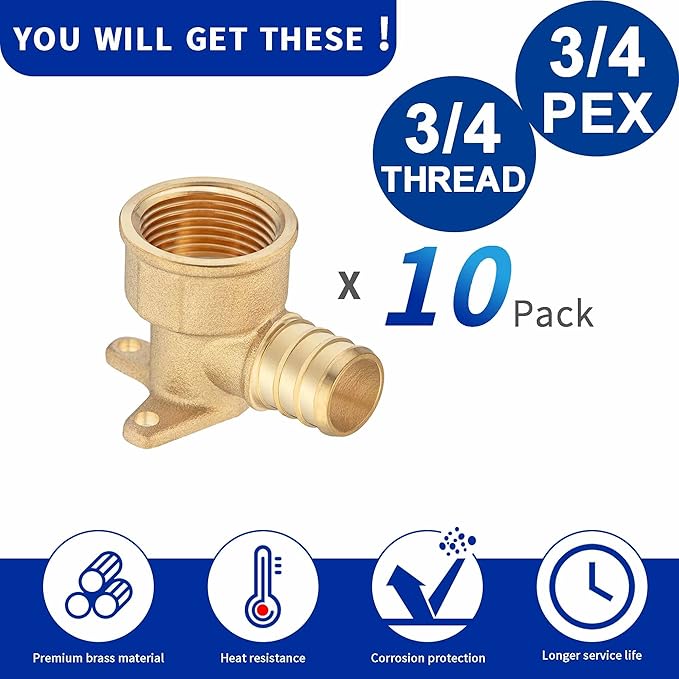 (10 Pack) Lidertik 3/4 Drop Ear Elbow Pex Adapter, 3/4" PEX B F1807 to 3/4" NPT Female Threaded Adapter Brass LI-APXDEE3434 (10 Pieces)