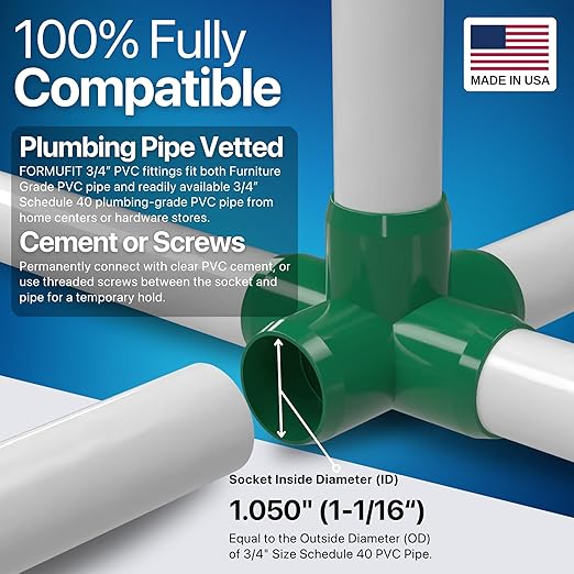 FORMUFIT 3/4" 5-Way Cross Furniture Grade PVC Fitting in Green, Made in USA, UV-Resistant, Impact-Proof, 1.050” Actual Socket Diameter (Pack of 8) - F0345WC-GR-8