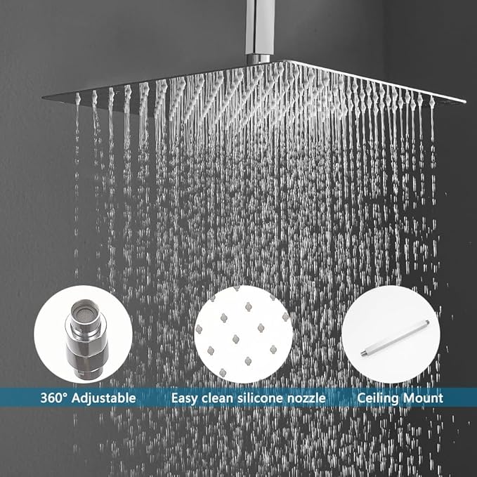 16 Inch Ceiling Mount Polished Chrome Shower System Bathroom Luxury Rain Mixer Shower Combo Set Ceiling Rainfall Shower Head System (Contain Shower Faucet Rough-in Valve Body and Trim Kit)