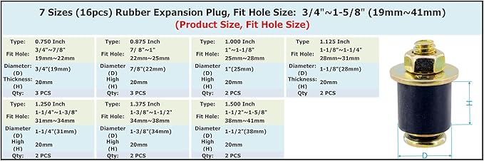 16pcs 7 Sizes Automotive Expandable Freeze Plugs Kit,Rubber Expansion Plug, Fit Hole Size:3/4" 7/8" 1" 1-1/8" 1-1/4" 1-3/8" 1-1/2" (19mm~41mm)