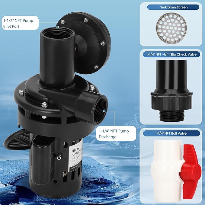 Automatic Utility Sink Pump Installed Directly Under Sink Gravity-free Drainage Heavy-Duty Thermoplastic 115V Includes Drain Screen Check Valve & Ball Valve