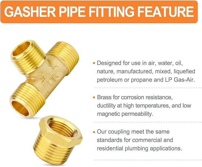 GASHER 5PCS Brass Male Tee Pipe Fitting T Adapter, 3 Way Brass Fitting 1/2" x 1/2" x 1/2" NPT T Fitting