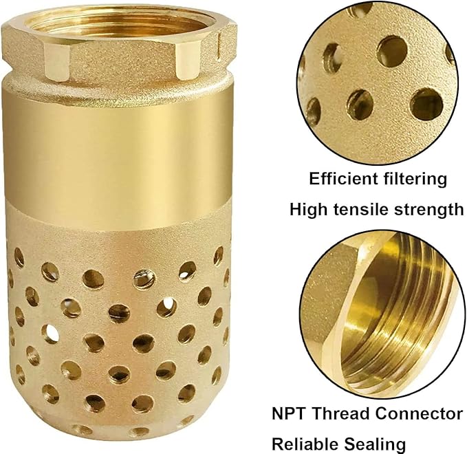 Brass Foot Valve 1-1/4 Inch NPT Heavy Duty Spring Mesh Check Valve Female Connection One Way Backflow Preventer With Holes Strainer Filter for Well Jet Pumps