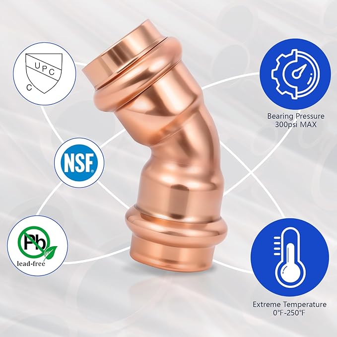 Copper Press Fittings 1/2 Inch 45-Degree Elbow, No-Lead Plumbing Pipe Connector | Compatible with Copper Pipes, Water Supply & Hydronic Heating Systems | Durable Press Fit Design, 10-Pack