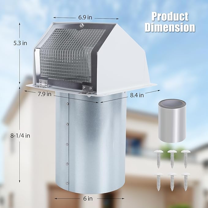 6 Inch Dryer Vent Cover Outside, White Wall Dryer Vent Cap, No-Pest Metal Vent Covers For House Exterior