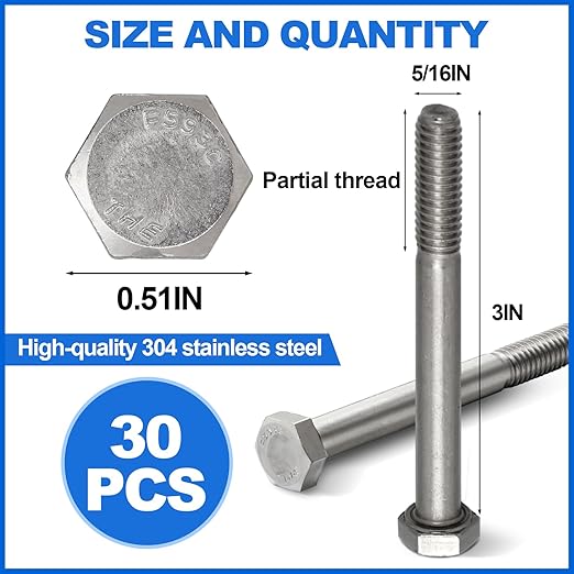 30 Pack 5/16-18 x 3'' Hex Head Cap Screw Bolt 304 Stainless Steel Half Thread External Hex Drive Screw Bolt Fastener for Wet Outdoor Metal Framing Concrete Reinforcement Railing Trellises