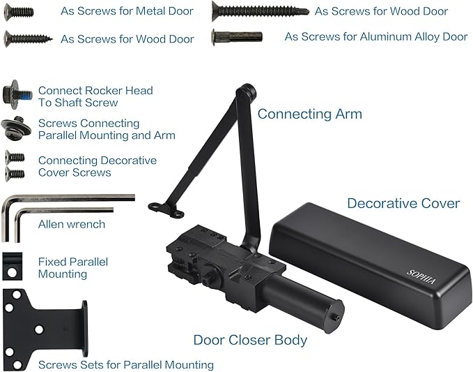 SOPHIA Commercial Door Closer Heavy Duty, Automatic Door Closer, ADA Compliant & UL Listed, Door Hydraulic Closer, Delayed Action, Adjustable Spring Size 1-6 for Heavy Traffic, Grade 1, Matte Black
