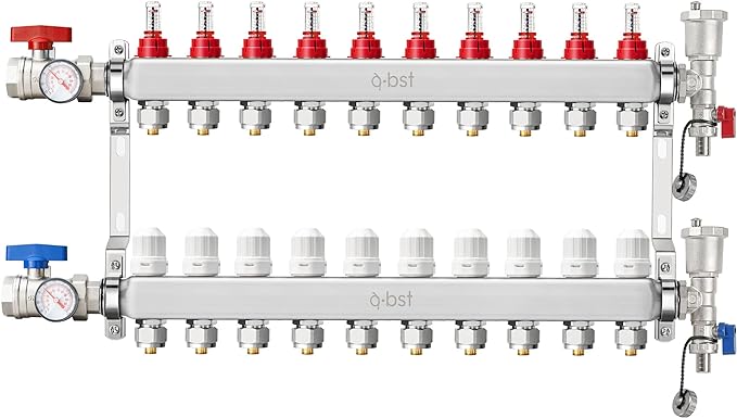 ABST PEX Manifold,10 Loop Stainless Steel Floor Radiant Heat Manifold Kit with 1/2" Adapters Included for Hydronic Radiant Floor Heating
