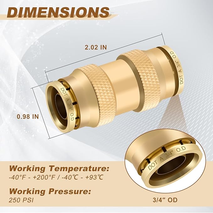 3/4" Quick Push to Connect Fittings Brass Union Straight Joint DOT Approved 3/4 inch tube OD Air Line Adapter Air Spring Suspension Kit for Car Truck Trailers and Air Brake System 5pcs