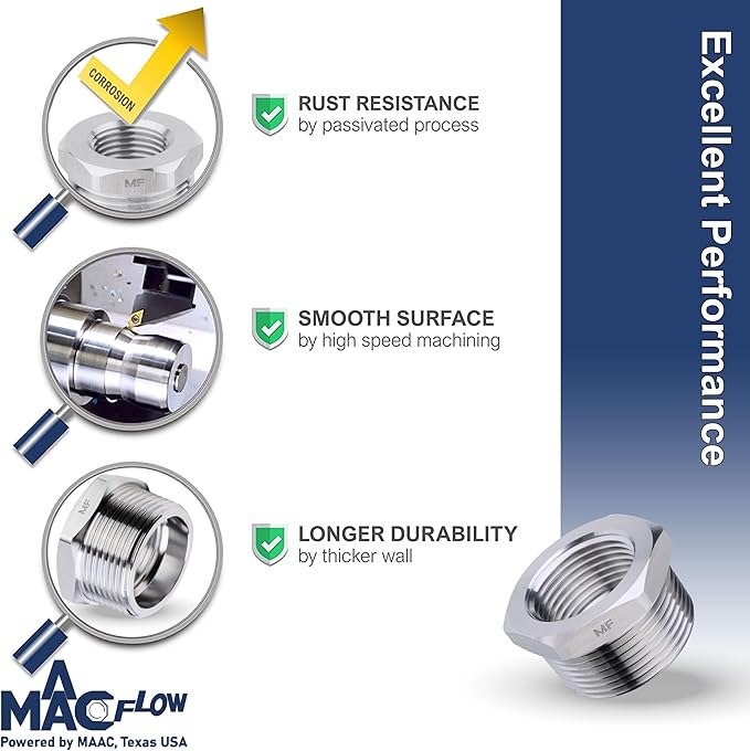 MAACFLOW Stainless Steel 3/4" Male NPT to 3/8" Female NPT Adapter Reducer Hex Bushing (Thread OD 1.02" - ID 0.58") (Pack of 1)