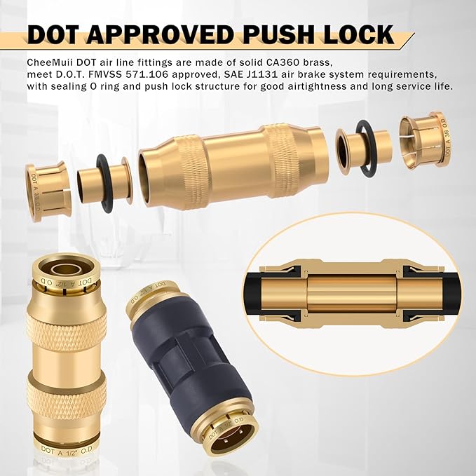 CheeMuii 74 PCS Brass DOT Air Line Fittings Kit DOT Push Lock and Compression Air Fittings Pure Brass Quick Connect Straight Union 1/8" 5/32" 1/4" 3/8" 1/2" 5/8" 3/4" Air Hose Fittings Assortment