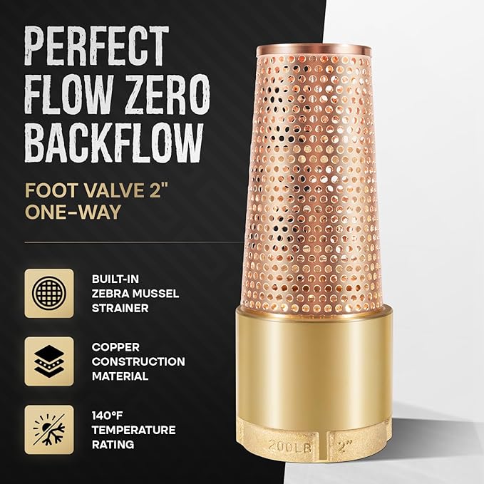 2" One-Way Foot Valve, No-Lead Brass With ZEBRA MUSSEL Strainer to Filter Impurities, No Return Valves Prevent Backflow of Media for Irrigation Water Pump