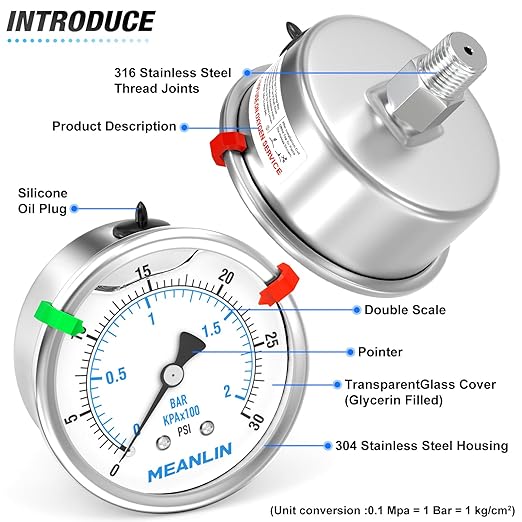 MEANLIN MEASURE 0~30Psi Liquid Filled Pressure Gauge Stainless Steel 2.5" FACE DIAL 1/4" NPT 316 Stainless Steel Joint for Pool Sand Filter Water Oil Air Pressure Test Back Mount, with 2PCS Snaps