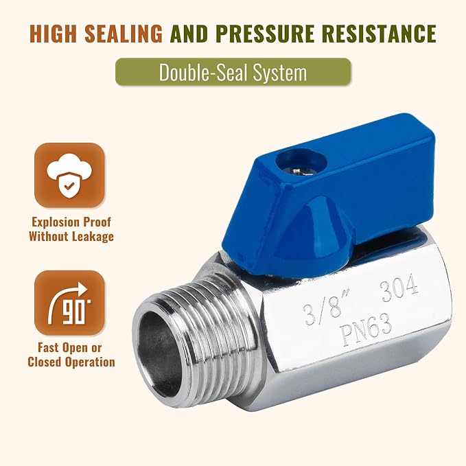 4Pack 3/8" Mini Ball Valve, 304 Stainless Steel Shut-Off Valve NPT Female x Male Thread Small Valves for Compact Space (4, 3/8 Inch)