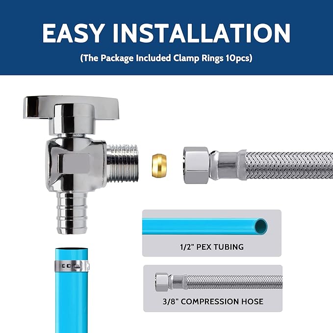 10 Pcs Quarter Turn 1/2 Inch Pex x 3/8 Inch Compression Angle Stop Valve, 1/2"Pex x 3/8" OD Compression Angle Shut Off Valve, Solid Brass, Chrome