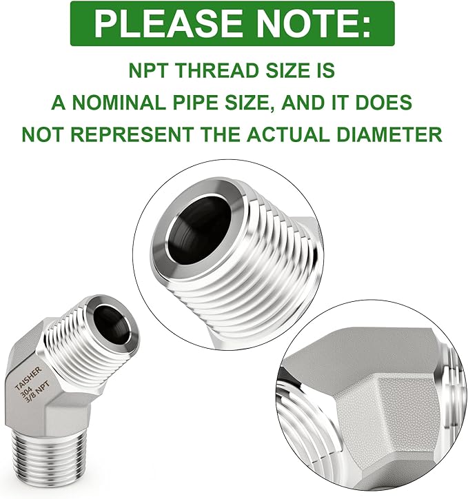 TAISHER 2PCS 304 Stainless Steel 45 Degree Barstock Street Elbow, 3/8" NPT Male x 3/8" NPT Male 304 Stainless Pipe Fitting