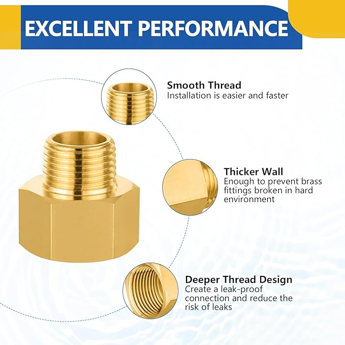 10 PACK GUOFIS Brass Pipe Fittings - 1/2" Male NPT x 3/4" Female NPT Reducing Adapter to Alter Pipe Diameters(NPT037)
