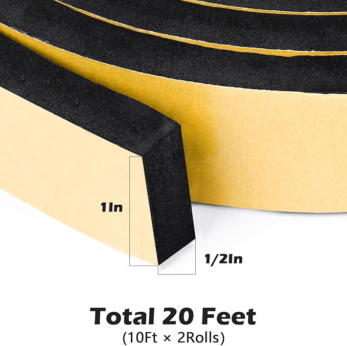 ToLanbbt Black Door Window Weather Stripping Self Adhesive Foam Tape High Density Foam Sealing Strip Window Insulation Weatherproof Gasket Tape 1" Wide X 1/2" Thick, 10 Ft X 2 Rolls, Total 20 Feet
