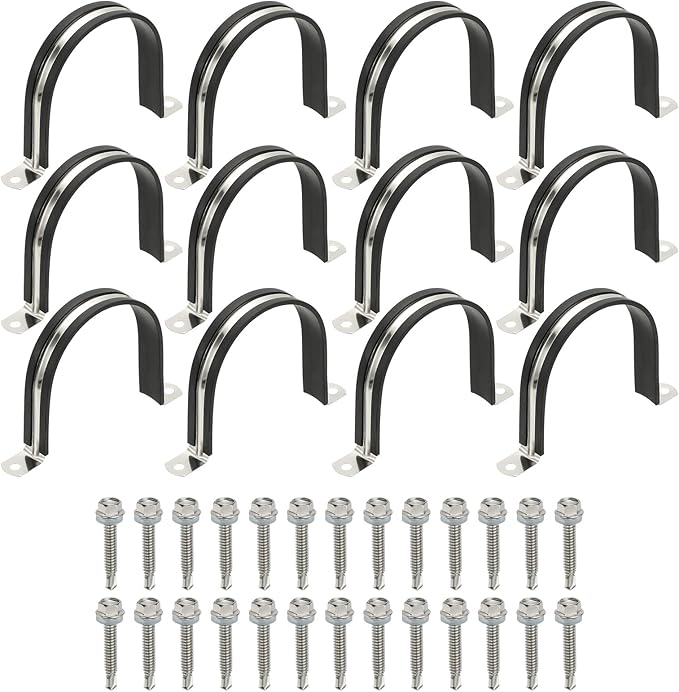PATIKIL 12Pcs Pipe Clamps, 3-15/16 Inch 304 Stainless Steel Rubber Cushioned U Bracket Conduit Clamps Pipe Strap Wire Clips with Hexagonal Screw for Tube Hose Cord Installation, 100mm