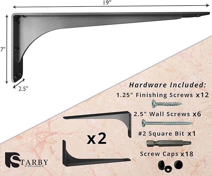 Starby Gladiator Series Solid Heavy Duty Welded 500 Lb Low Profile Granite Countertop Support Shelf Brackets Floating Shelf Discrete Slim 500 LB Capacity (2 Pack) (7" x 19" x 2.5")