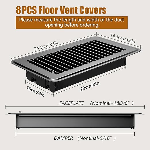 8Pcs Floor Vents Floor Registers 4x8 Inch, Heavy Duty Metal Hot Air Vent Covers 4x8 Inch with Rust-Proof Finish for Home Heater Floor Vent Grilles and Vents