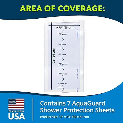 TIDI 50013-PKG AquaGuard Sheet – 12” x 24” – (Area of Coverage: 9.75” x 22”) – Shower Protection Sheet – Self-Adhesive Moisture Barrier – Wound Cover for Showering – 7 Sheets – Home Medical Supplies