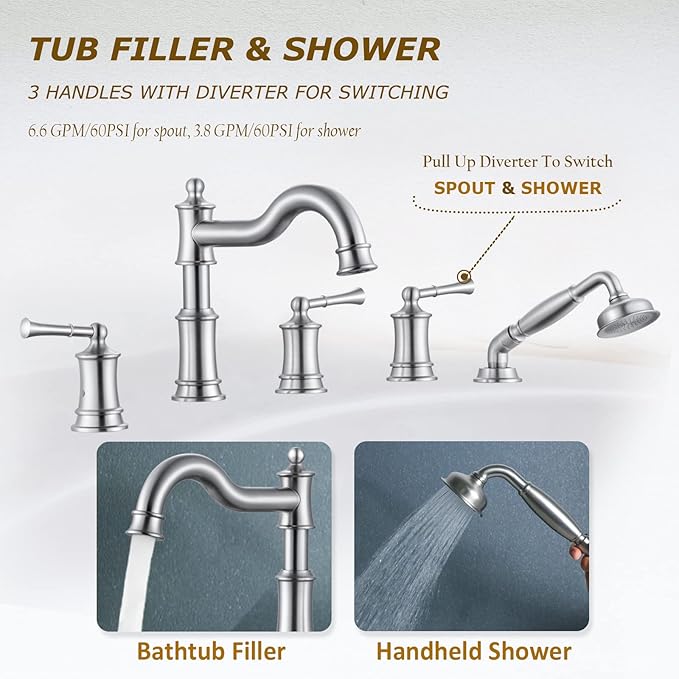 Roman Tub Faucet Set With Handheld Shower 5 Hole Deck Mount Tub Filler With Diverter, 3 Lever Handle Rough-in Valve and Water Supply Lines Included for Bathroom Tub, Brushed Nickel