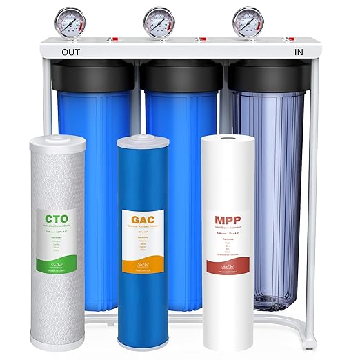 SimPure Whole House Water Filter System, 3-Stage Clear Home Water Pre-Filtration with Carbon Sediment and GAC Filters, Reduce Odor, Chlorine, Taste, Iron, Lead, 1" NPT Brass Port, BPA Free (DB20P-3)