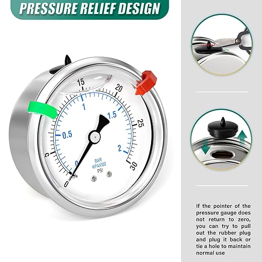 0-30psi Stainless Steel Glycerin Liquid Filled Pressure Gauge 1/4" NPT 2.5" Face Dial Center Back Mount, for Water, Oil and Air Pressure Testing (with Range Mark Pointer)