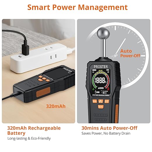 Proster 2-in-1 Pin & Pinless Moisture Meters for Walls - Rechargeable Damp Meter with 3-Colour Bar Graph LCD Display Customizable Alarms Wood Moisture Meter for Building Materials Concrete Plaster