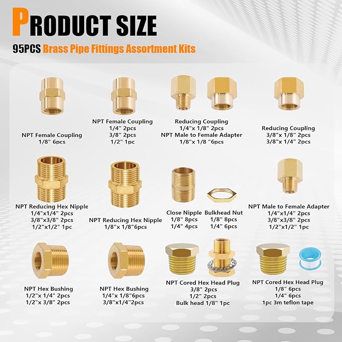 95PCS Brass Pipe Fittings Assortment Kit NPT Adapter,Hex Nipple,Hex Coupling,Reducer Bushing,Reducer Busing, Close Nipple, Hex Head Plug,BulkHead Nut&Bulk Head NPT Fittings Kits